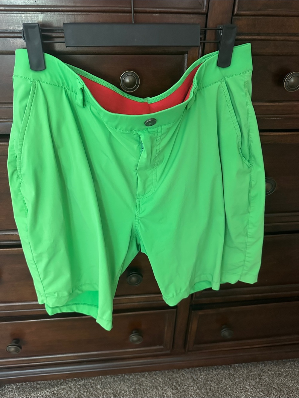 Men's Redvanly Golf Shorts in Neon Green with Contrasting Red Waistband